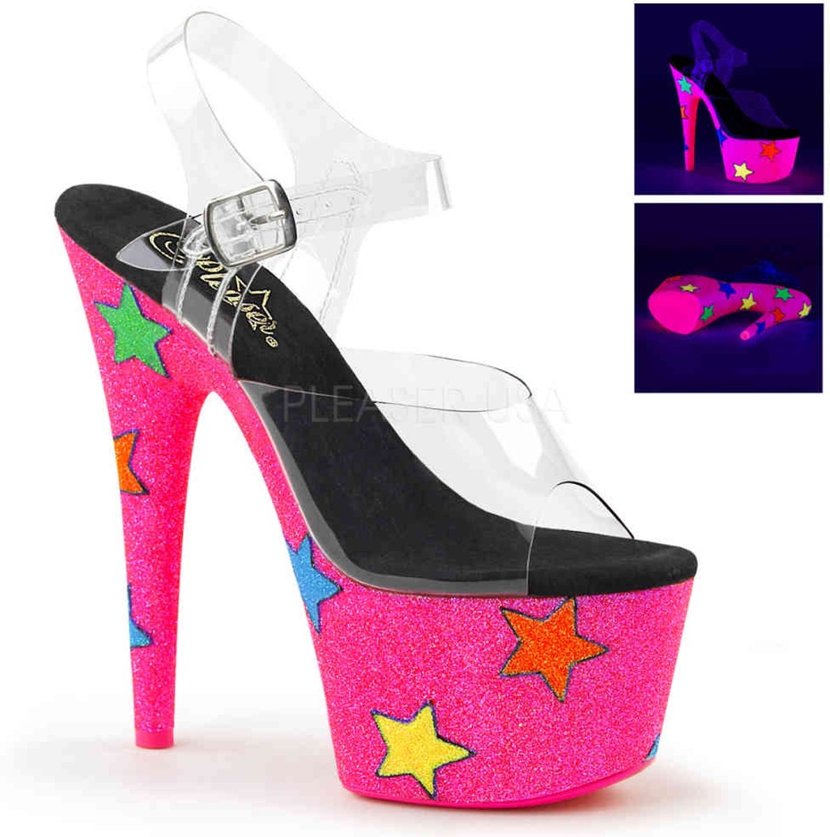 EU 35 = US 5 | ADORE-708UVGSTR | 7 Heel, 2 3/4 PF UV Reactive Ankle Strap Sandal W/Stars